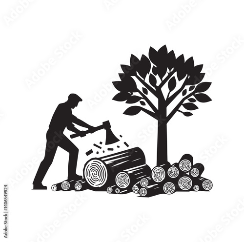 Man is chopping wood silhouette vector illustration