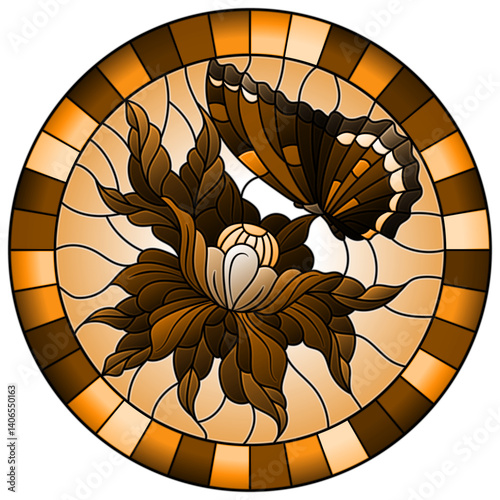 An illustration in stained glass style with a butterfly on a flower, round image in a frame, tone bAnrown