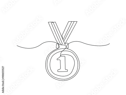 Continuous line art drawing of first place medal. award medalion in line art drawing vector illustration. Editable stroke.