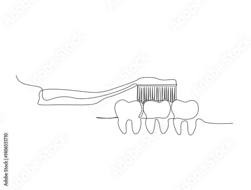 Continuous line art drawing of brushing teeth with toothbrush. Brush Your Teeth in line art drawing vector illustration. Editable stroke.