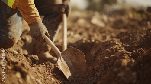 Construction laborer digging a trench for foundation work. Featuring excavation precision