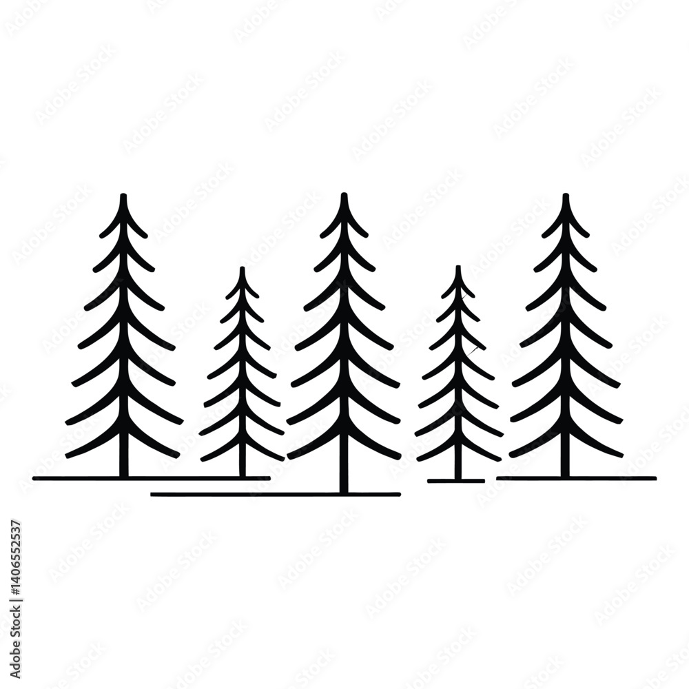 Fototapeta premium Pine Forest Line Art, Silhouette, Vector, Icon, Logo, White Background.