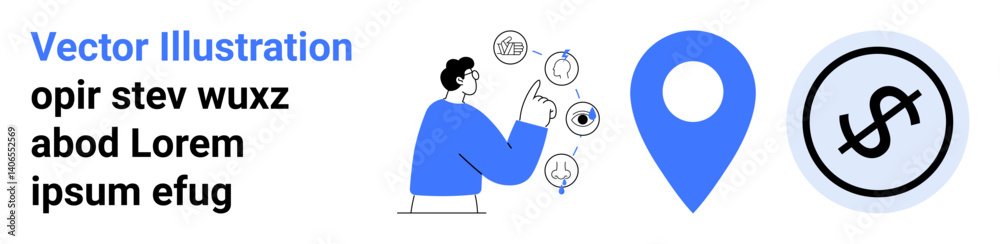 Man observing various icons, including a location pin and dollar sign. Ideal for navigation, financial planning, analytics, innovation, decision-making, user interface, simple landing page Man observing various icons, including a location pin and dollar sign. Ideal for navigation, financial planning, analytics, innovation, decision-making, user interface, simple landing page