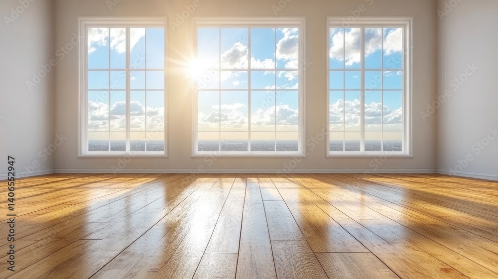 Fototapeta premium Bright, spacious room with large windows showcasing a beautiful view