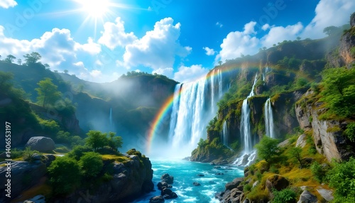 Majestic Waterfall Cascade with Vibrant Rainbow, Lush Greenery, Serene Landscape