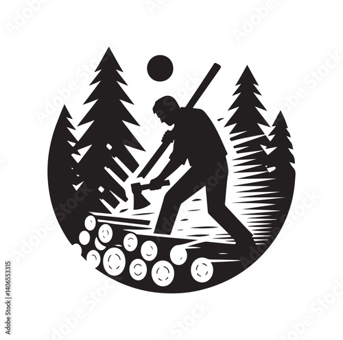 Man is chopping wood silhouette vector illustration