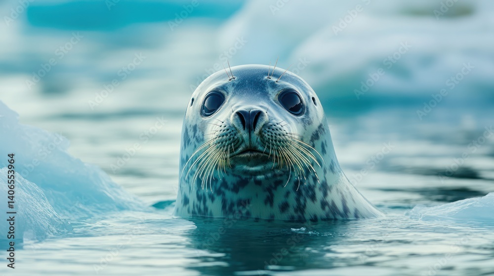 Fototapeta premium Mesmerizing portrait of a spotted seal emerging from icy arctic waters, curious gaze