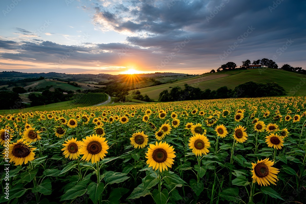 Fototapeta premium Sunflowers facing sunrise over rural hills
