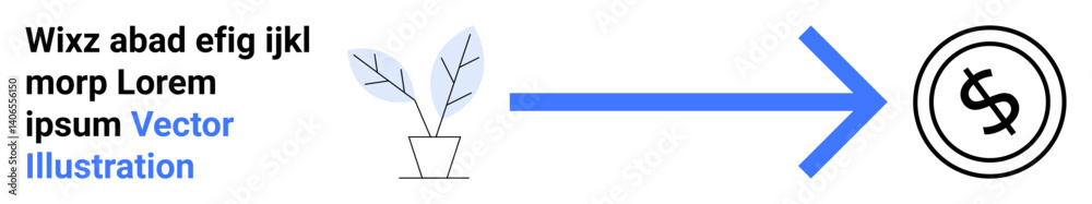 Potted plant leads to dollar sign via blue arrow, symbolizing growth to financial success. Ideal for business strategy, growth, investment, startups, sustainability, profit, abstract line flat Potted plant leads to dollar sign via blue arrow, symbolizing growth to financial success. Ideal for business strategy, growth, investment, startups, sustainability, profit, abstract line flat