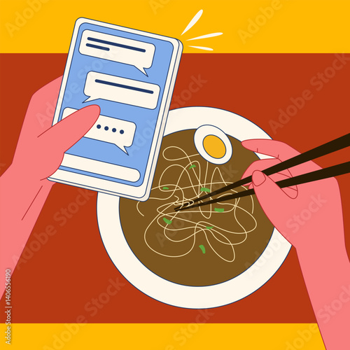 Addiction Illustration. Vector illustration of A person stares at their phone while eating noodles, showing how smartphone addiction disrupts daily routines and mealtime focus.