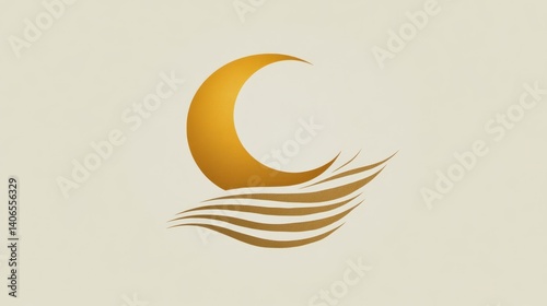 Golden crescent moon over stylized waves