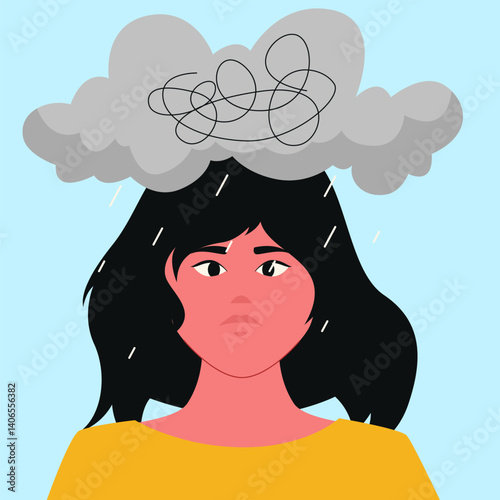 Addiction Illustration. Vector illustration of A dark cloud hangs above a girl’s head, reflecting the weight of emotional distress, anxiety, and mental health issues.