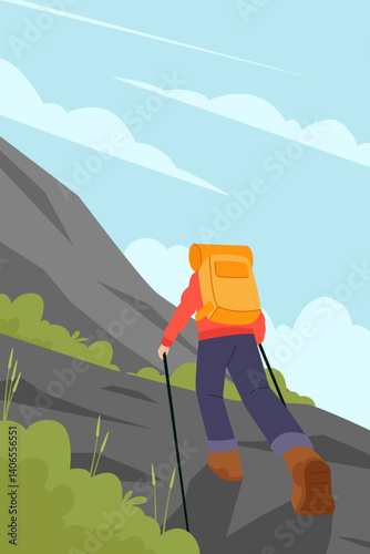 Adventure Sports Illustration. Vector illustration of Ice climber on a snowy vertical wall using gear and ropes. Isolated on background