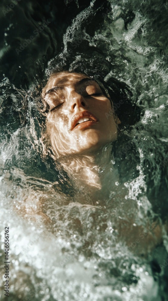 Obraz premium Woman's face underwater in a pool, with sunlight shining down and sparkling water.