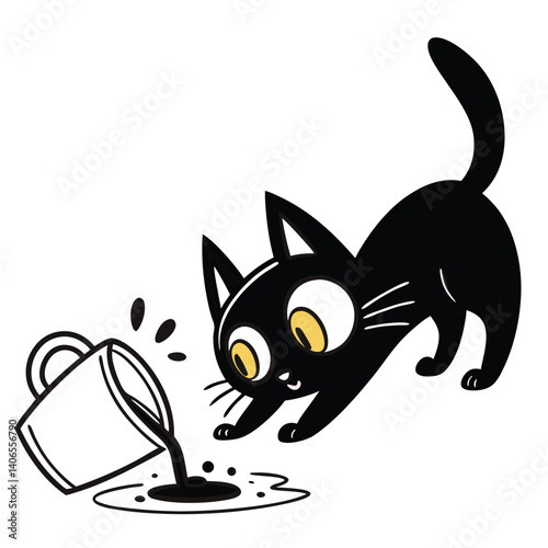 Mischievous Black Cat Spilling Coffee – Minimalist Cartoon Art