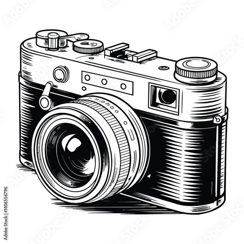 Vintage Camera Line Art, Silhouette, Vector, Icon, Logo, White Background.