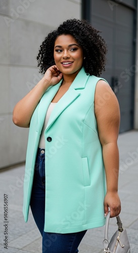 Obraz na płótnie Confident woman in stylish mint vest and casual denim strolling outdoors w salonie