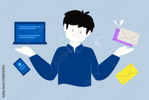 Confused man surrounded by floating emails, laptop, and phone, visualizing information overload and lack of digital clarity.