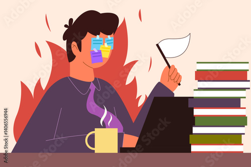 Overwhelmed employee with sticky notes on face and fire in the background holds a white flag, symbolizing surrender under work stress.