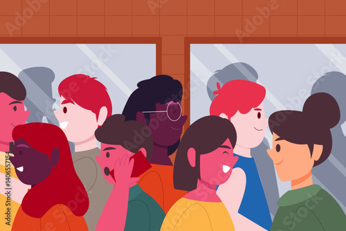 A group of people standing closely in a public indoor space, engaging in conversation and interaction, showing social activity in a crowded environment.