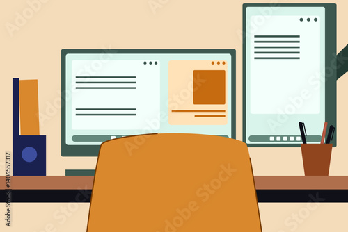 Dual-screen setup viewed from behind an orange chair, showing a digital workspace optimized for multitasking and content management.