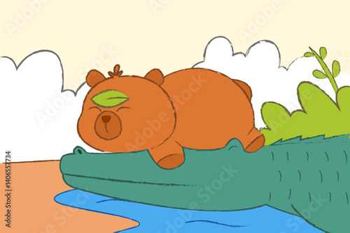 An adorable chubby bear naps peacefully on a calm crocodile by a riverbank, surrounded by clouds and nature.