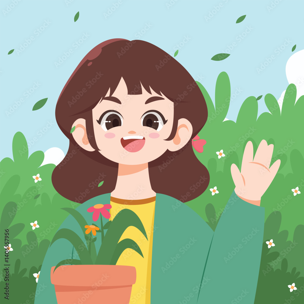 A happy girl waving while holding a flower pot, standing in a green garden filled with blooming plants. A happy girl waving while holding a flower pot, standing in a green garden filled with blooming plants.