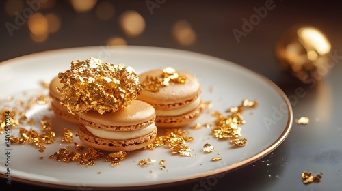 A high-end dessert plate with macarons and gold flakes