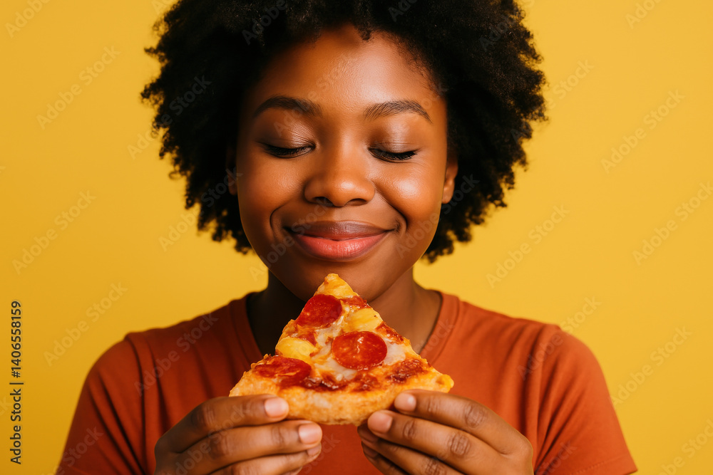 Smiling woman enjoying slice of pepperoni and pineapple pizza against yellow background Smiling woman enjoying slice of pepperoni and pineapple pizza against yellow background