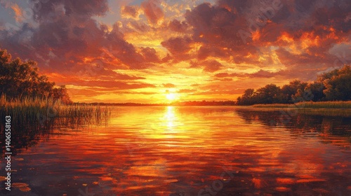 A stunning sunset over a tranquil lake, reflecting vibrant colors in the water, framed by lush greenery and dramatic clouds.