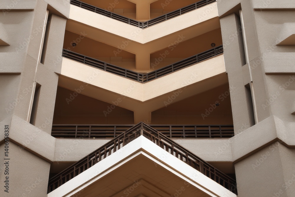Fototapeta premium Interior view of a building with multiple floors and geometric design creating a symmetrical pattern