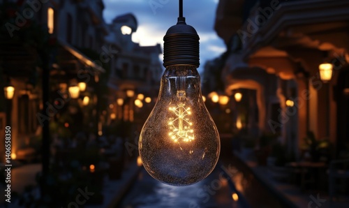 Illuminated bulb hanging over a twilight street, reflecting city lights. Use website background