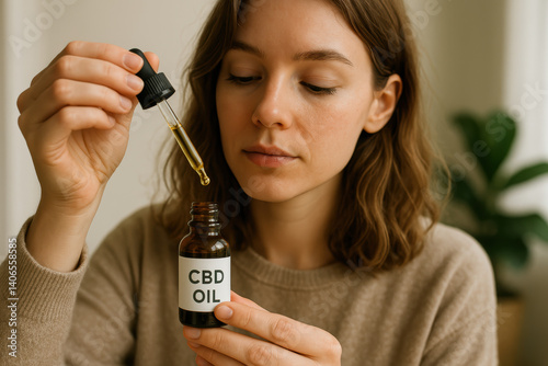 Woman using cbd oil dropper for wellness routine at home photo
