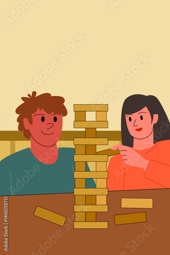 A couple plays a wooden stacking block game together, focusing on the next move in a fun and challenging moment of strategy and balance.