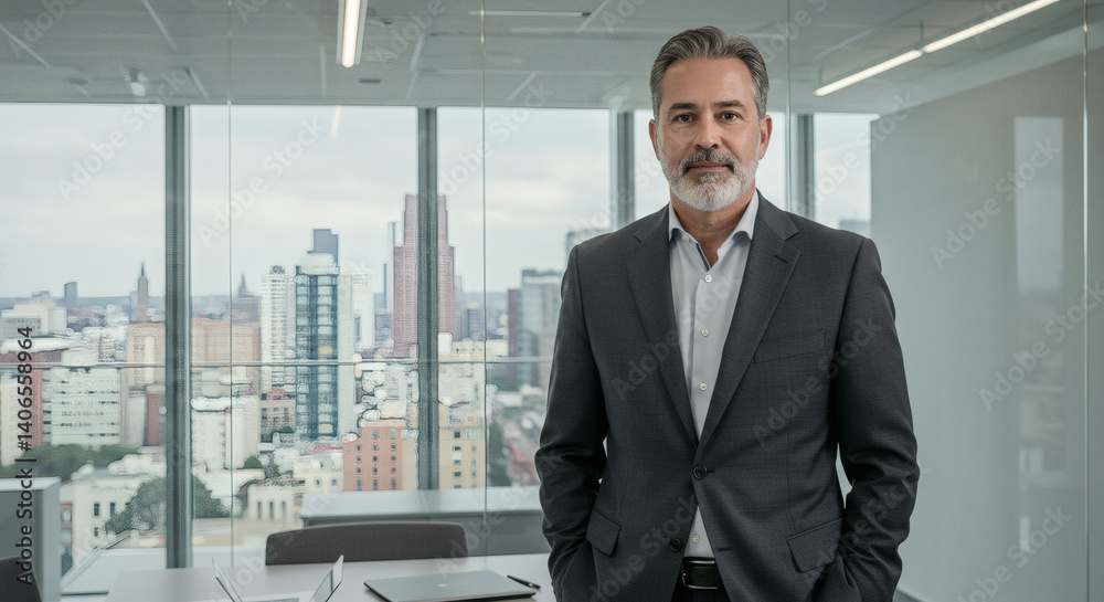 Confident Mature Businessman in Modern Office with City View
