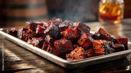 Delicious smoky pork burnt ends on metal tray for gourmet BBQ meal experience and catering