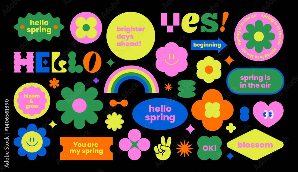 Colorful spring sticker pack. Flower shape label set. Retro patch collection. Groovy text slogan. Geometric element. Brutalism aesthetic. Flat vector illustration.