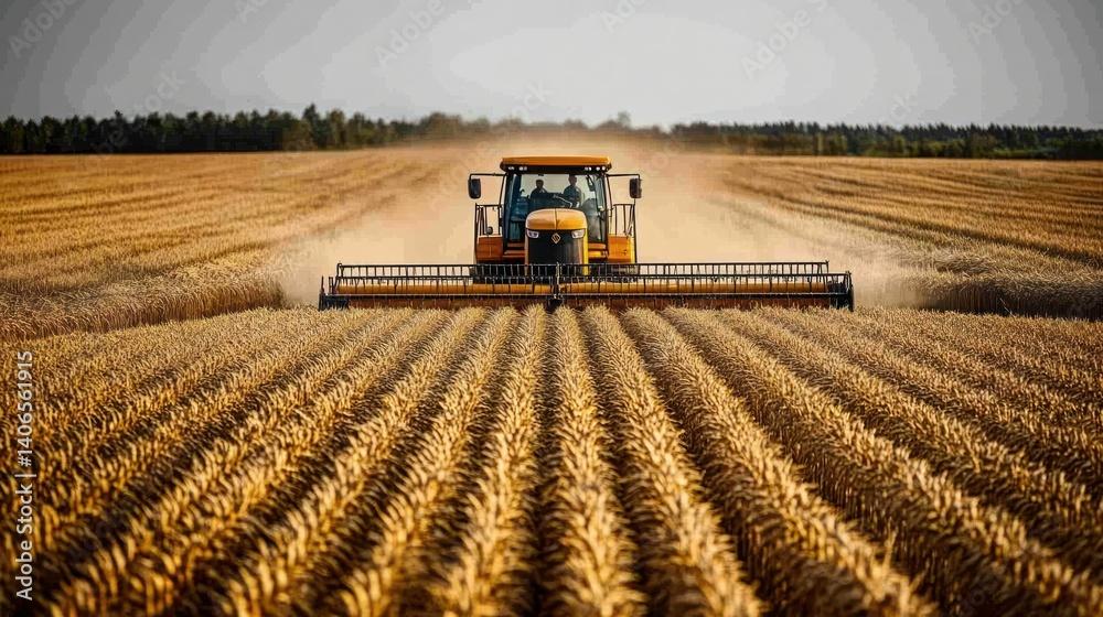 Obraz premium Golden wheat field, tractor harvesting