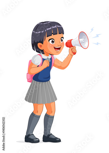 Cute little Asian school girl with a loudspeaker screaming excitedly. Cartoon vector illustration.