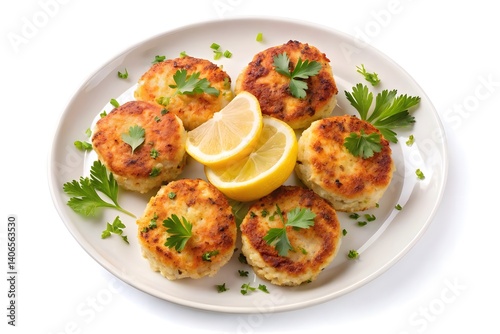 Crispy Fish Cakes Served with Lemon and Parsley