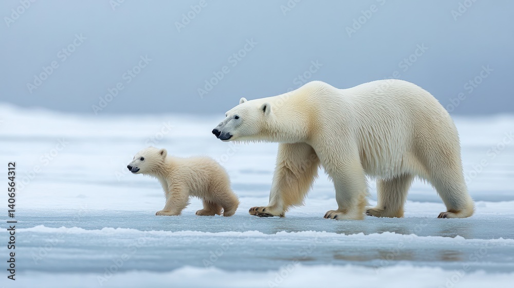 Polar Bear Mother and Cub Traverse the Frozen Expanse: A Bonding Moment Polar Bear Mother and Cub Traverse the Frozen Expanse: A Bonding Moment