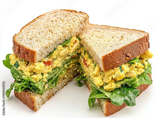 Delightful sandwich featuring a fresh egg salad whole wheat bread and crisp spinach on white surface studio shot photo