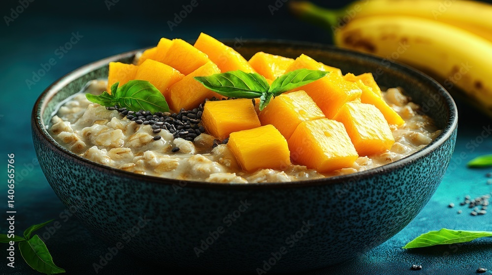 Healthy breakfast bowl with oatmeal, mango, and chia seeds Healthy breakfast bowl with oatmeal, mango, and chia seeds