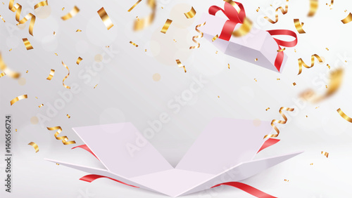 Open Gift Box With Falling Confetti. Present box for birthday, Christmas and New Years
