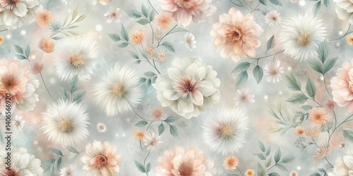 Elegant Pastel Floral Pattern Featuring Delicate Blooms and Lush Greenery on a Soft Background
