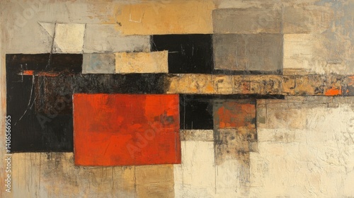 Abstract Geometric Painting with Red and Black Shapes