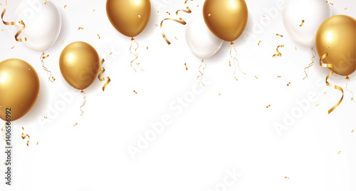Gold balloons, confetti and ribbon celebrations banner element