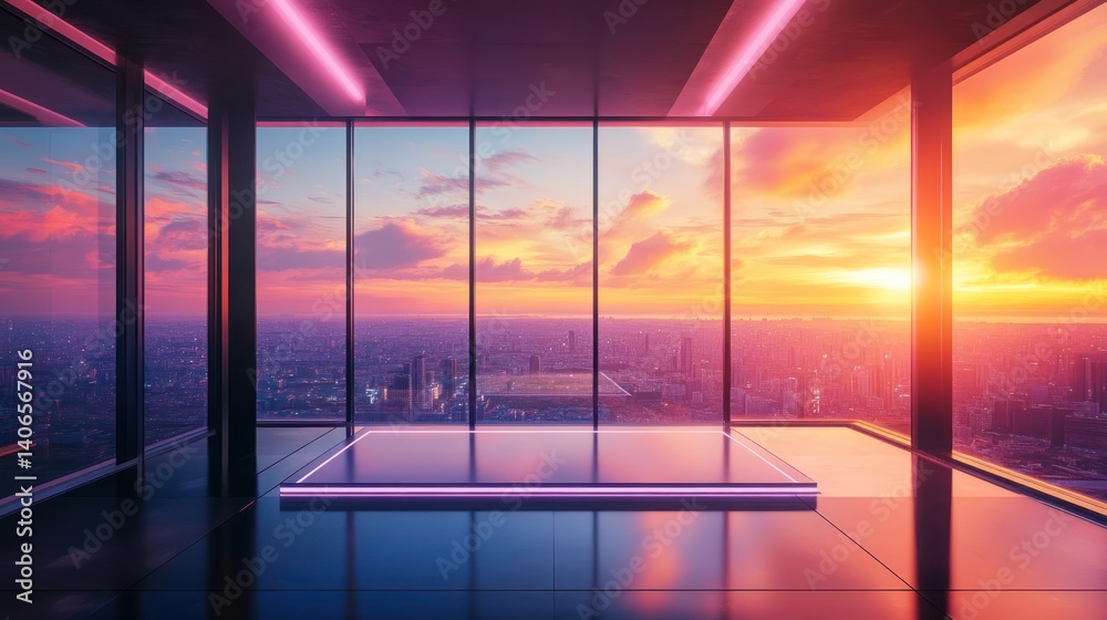Fototapeta premium Cityscape Sunset View from Modern Penthouse