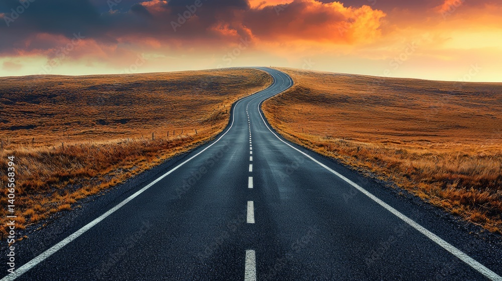 Fototapeta premium Scenic Road Curving Through Golden Landscape at Sunset