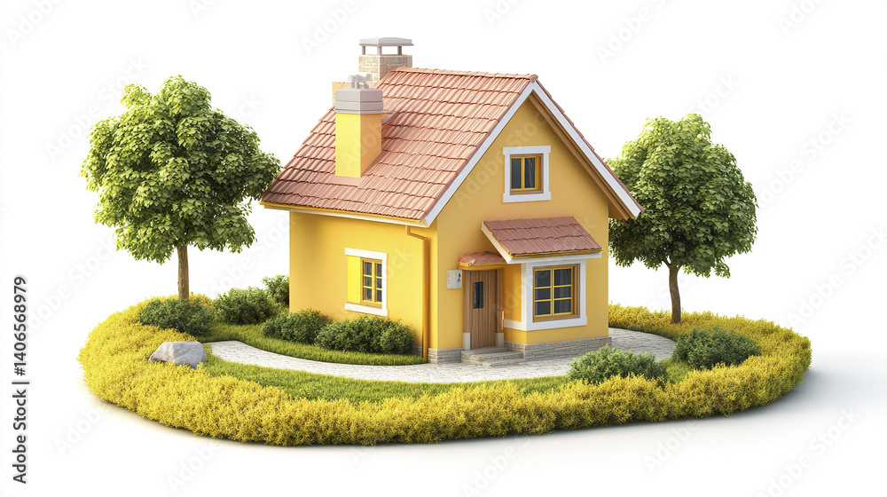 Charming yellow house with red roof surrounded by lush greenery Charming yellow house with red roof surrounded by lush greenery